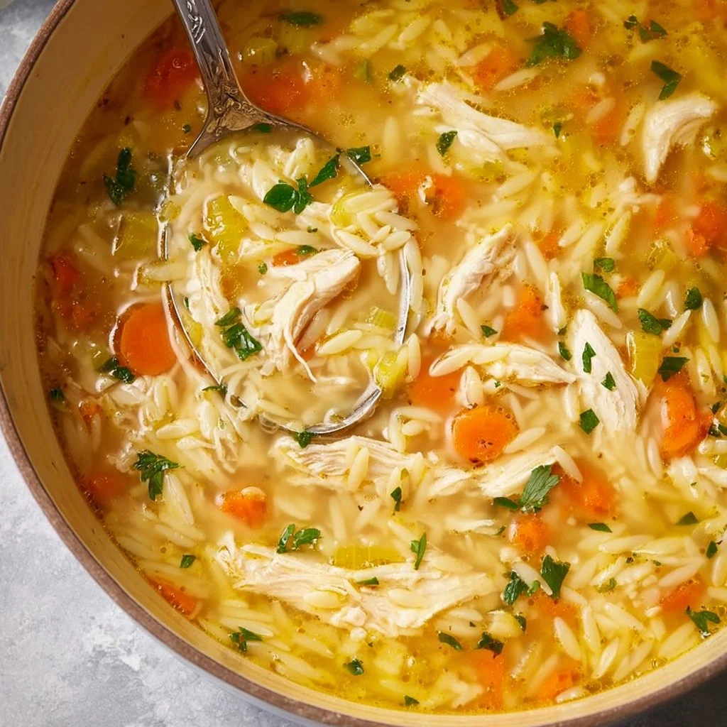 Bowl of easy lemon chicken orzo soup garnished with fresh herbs