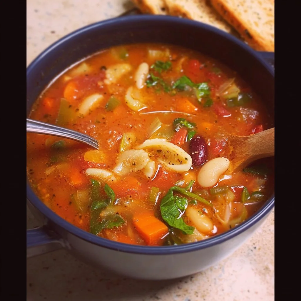 Bowl of easy minestrone soup loaded with vegetables and beans.
