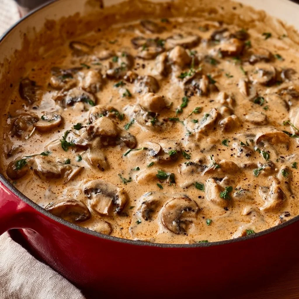 Delicious easy mushroom stroganoff served in a bowl with herbs on top