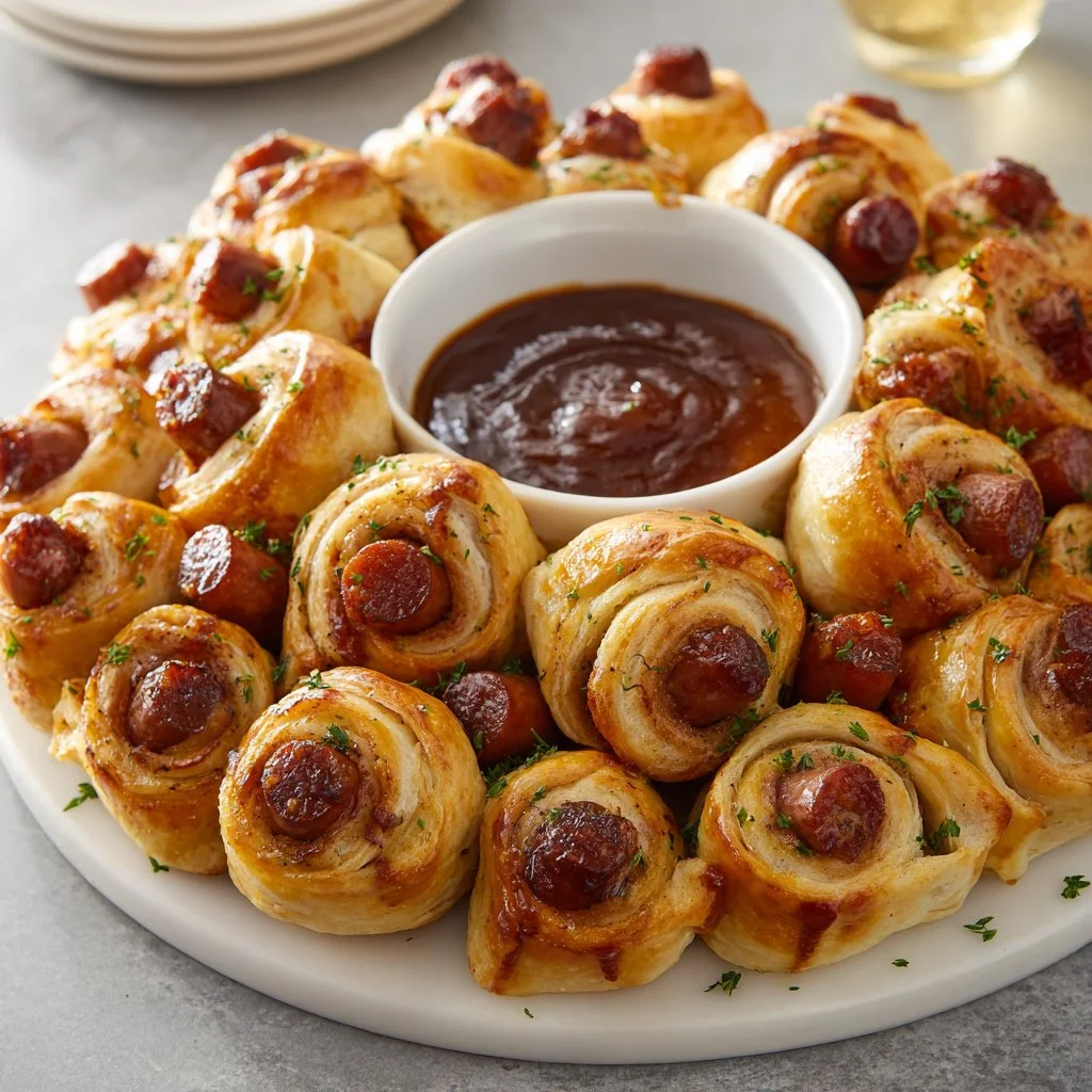 Easy Pigs in a Blanket Wreath showcasing golden-brown pastry and sausages