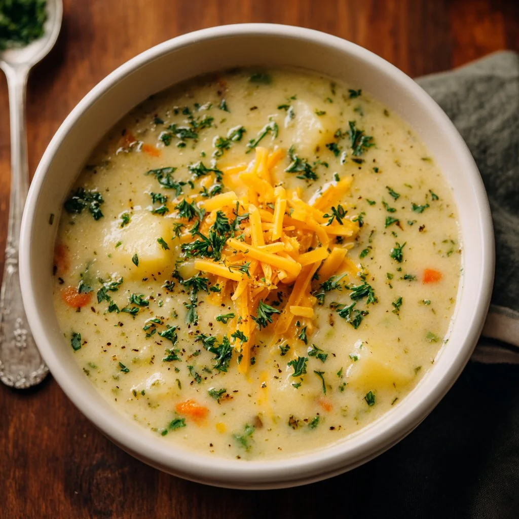 Bowl of creamy potato soup with fresh herbs on top