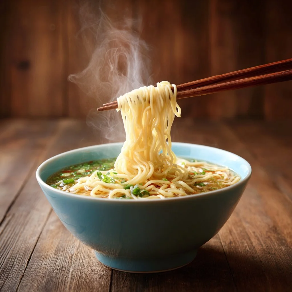 A bowl of easy ramen noodle soup garnished with green onions and soft-boiled egg.