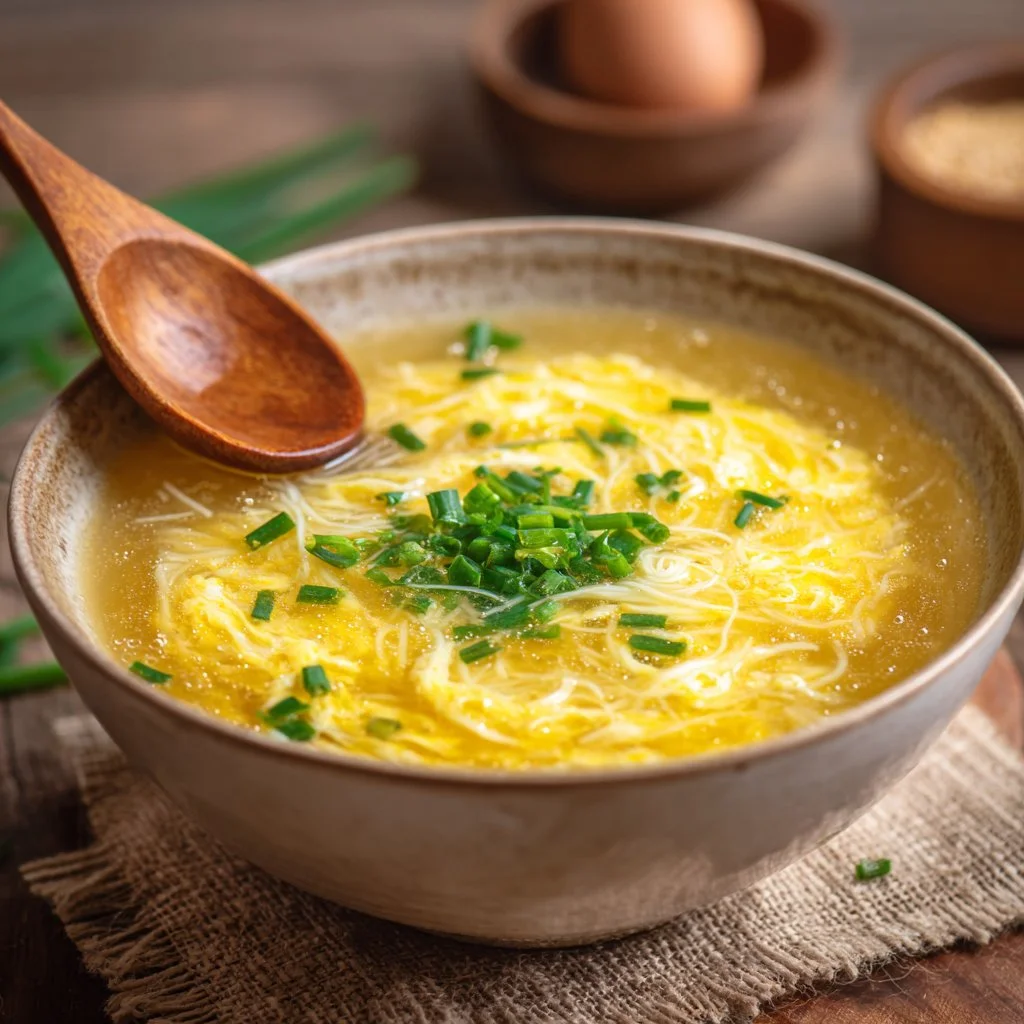 Bowl of homemade Egg Drop Soup garnished with green onions.