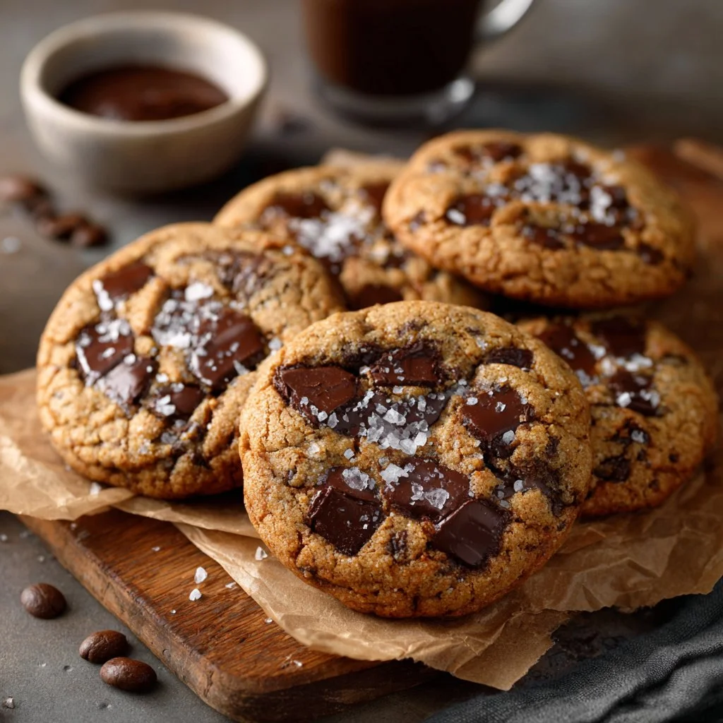 Freshly baked Espresso Chocolate Chip Cookies with chocolate chips