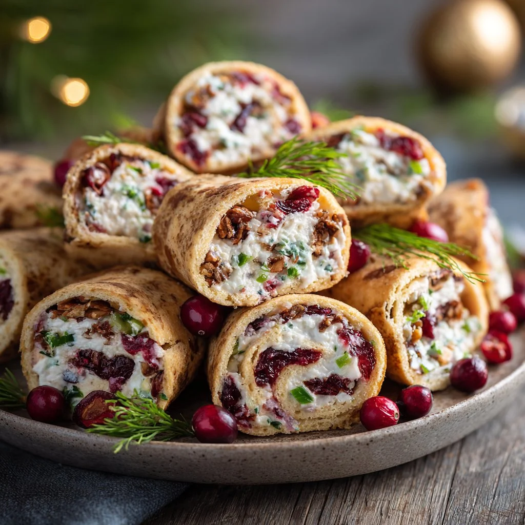 Festive Christmas Cranberry Roll Ups stuffed with sweet cranberry filling
