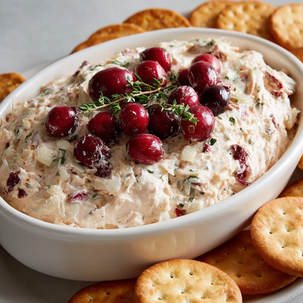 Festive cranberry cheese dip served in a bowl with crackers and herbs