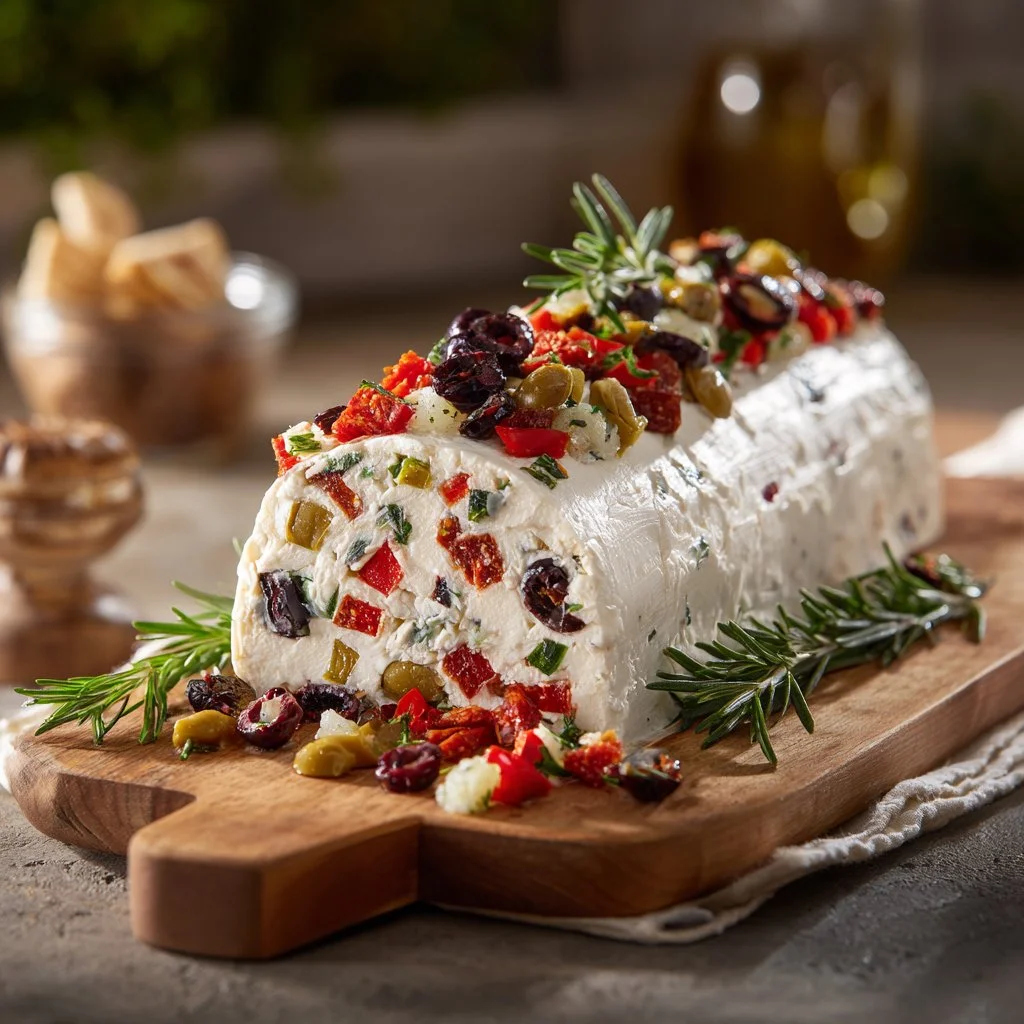 Festive holiday antipasto cream cheese log decorated with savory toppings