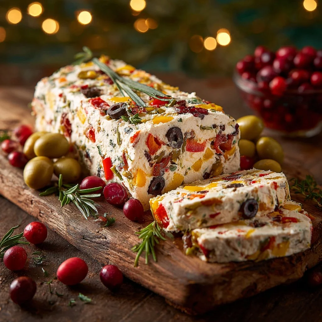 Festive holiday antipasto cream cheese log served with crackers and vegetables.