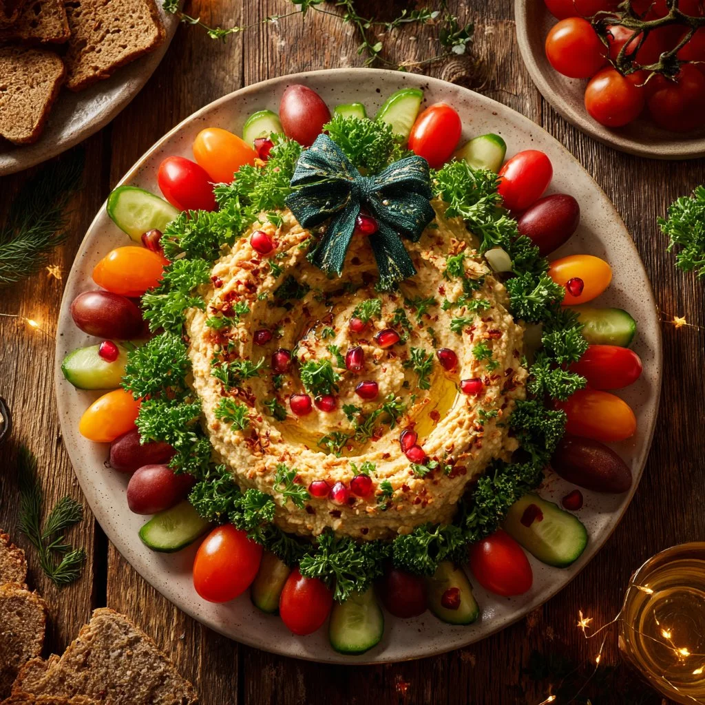 Festive hummus appetizer served with colorful vegetables and pita bread.