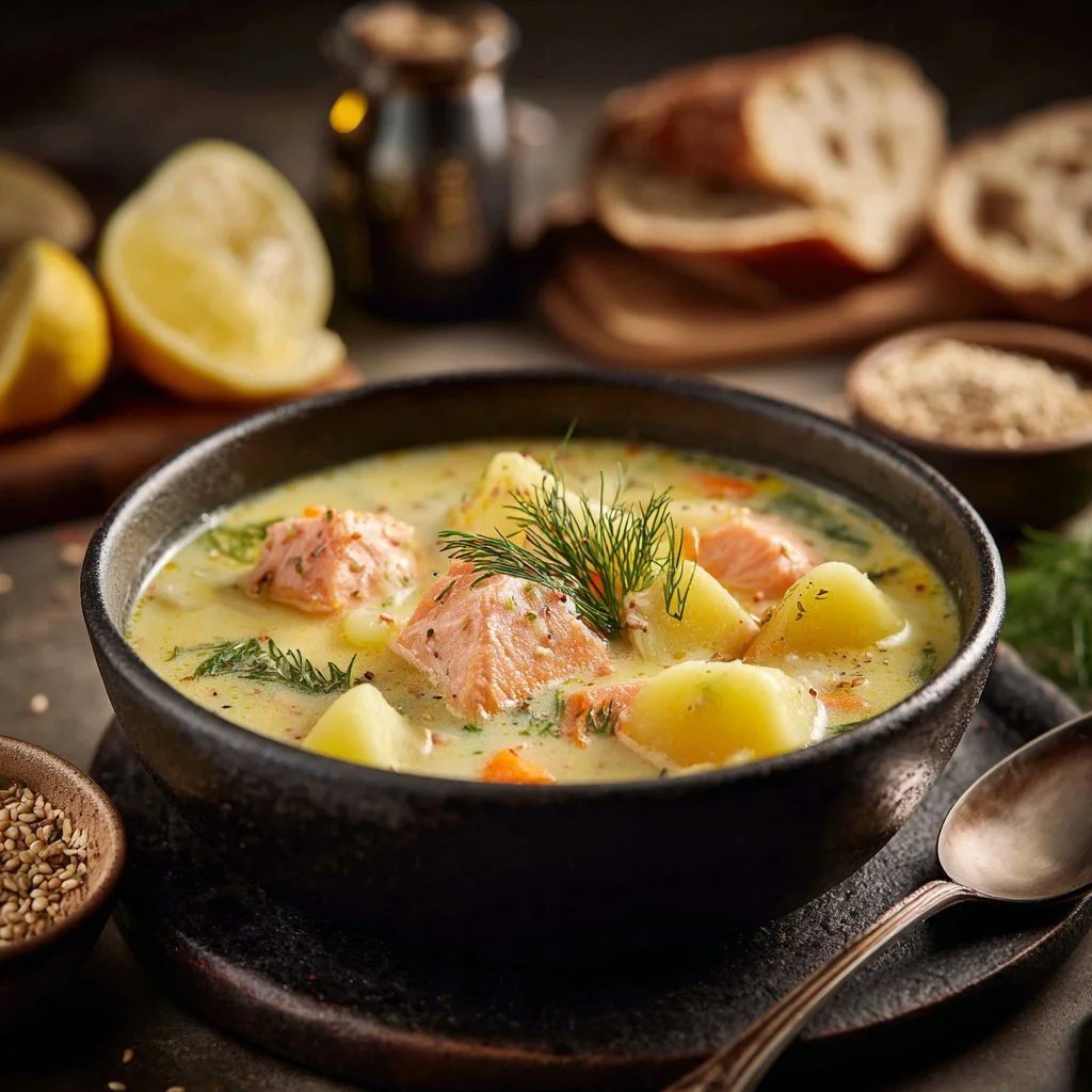 Finnish salmon soup served in a bowl with herbs and vegetables.