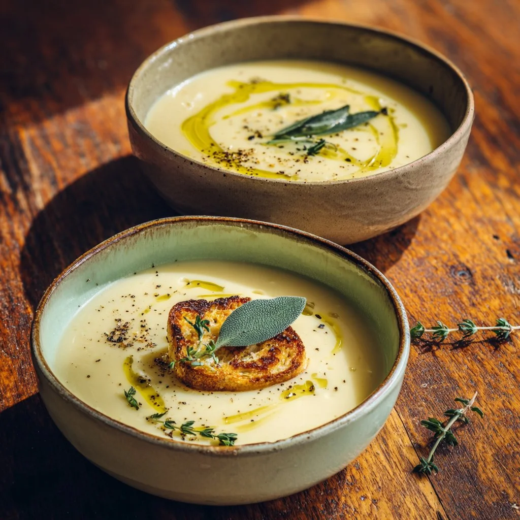 Delicious bowl of French Garlic Soup garnished with herbs