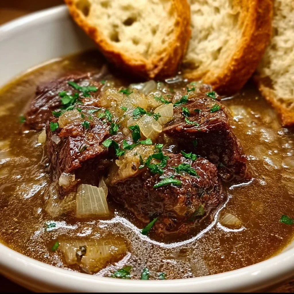 French Onion Beef Short Rib Soup served in a bowl, garnished with herbs.