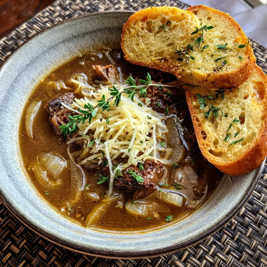 Delicious French Onion Beef Short Rib Soup in a bowl with melted cheese