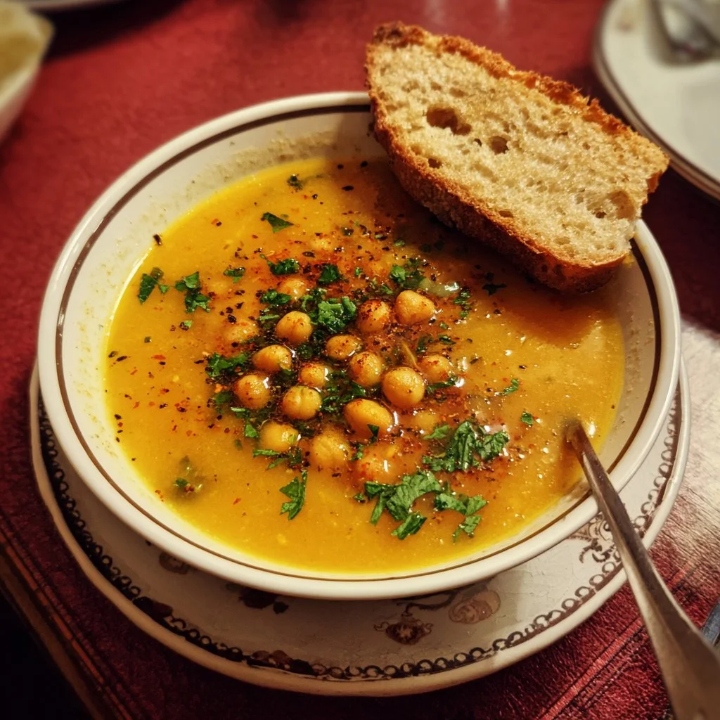 Delicious bowl of Garlic Chickpea Soup garnished with herbs and spices
