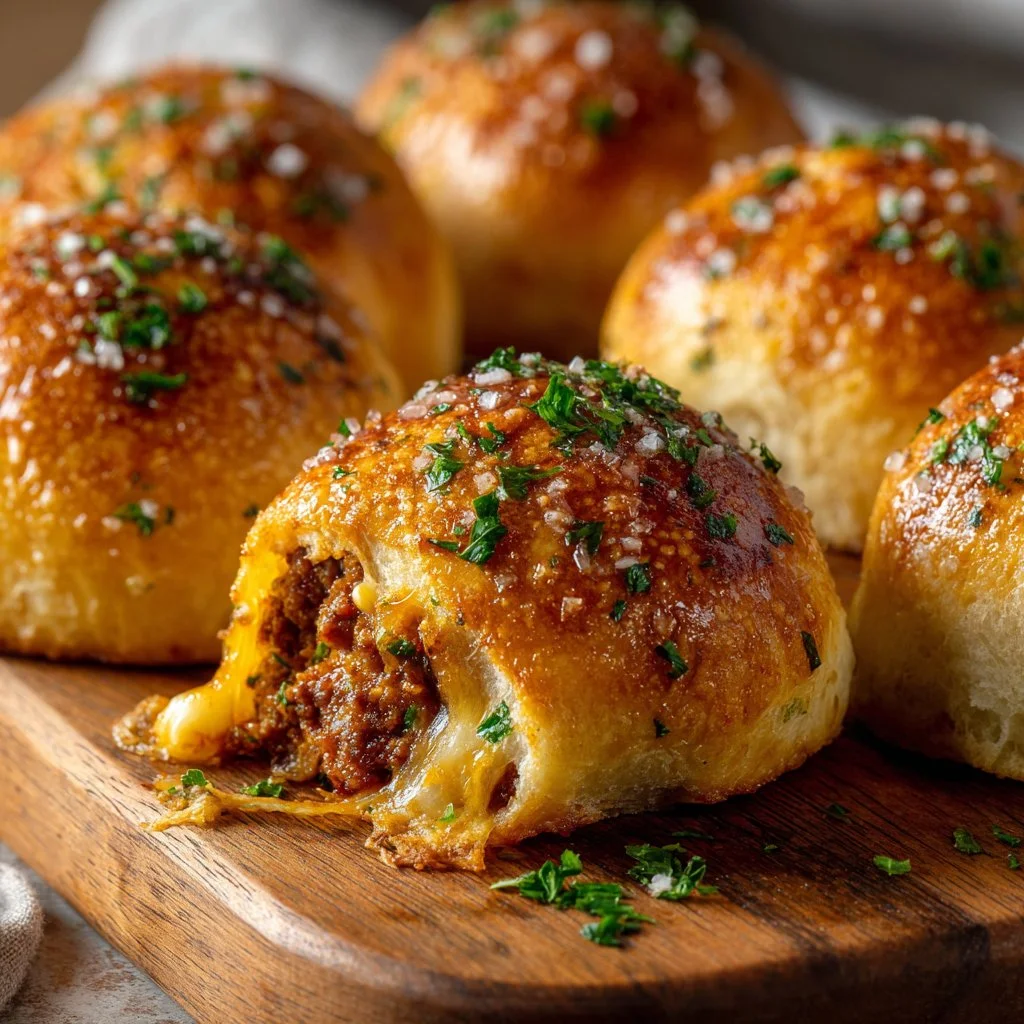 Garlic Parmesan Cheeseburger Bombs filled with beef and cheese
