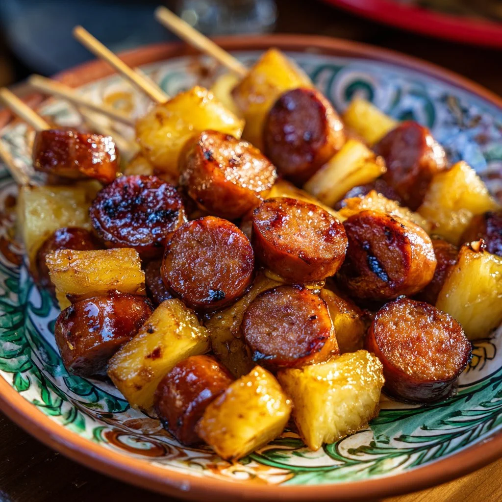 Glazed Kielbasa Pineapple Bites on a serving platter