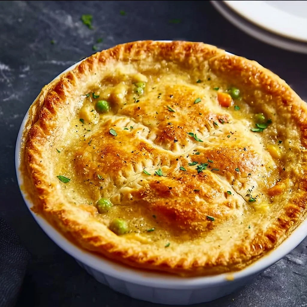 Gluten and dairy free chicken pot pie with fresh vegetables and a golden crust