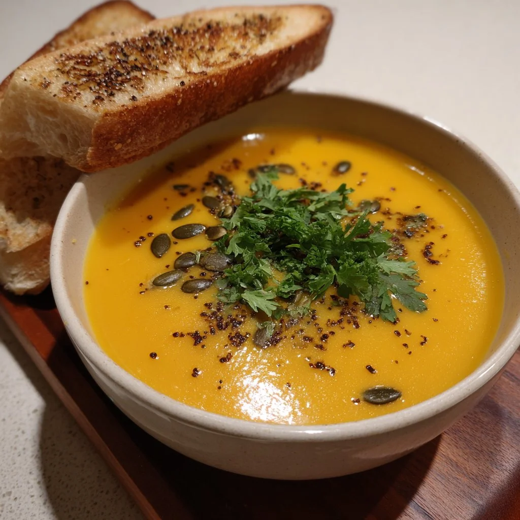 A bowl of Gordon Ramsay's butternut squash soup garnished with herbs.