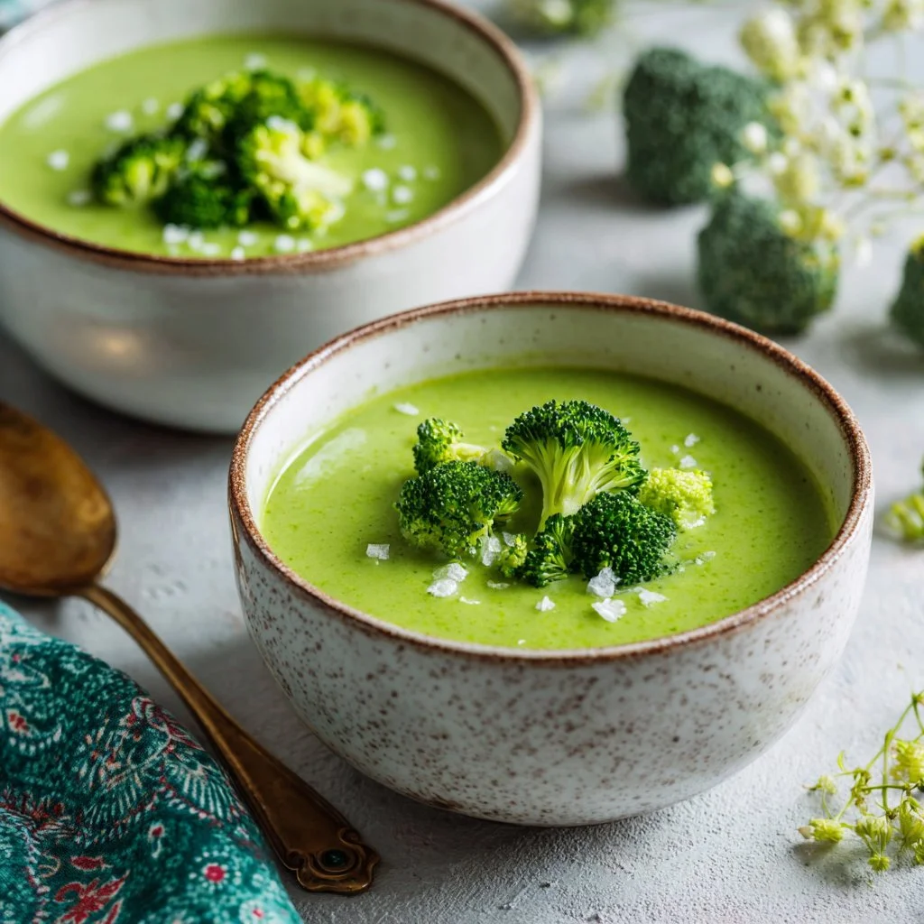 Bowl of Gordon Ramsay's Cream Of Broccoli Soup garnished with fresh herbs.