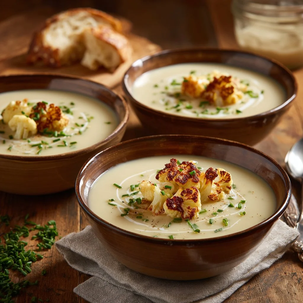 Bowl of Grandma's World's Best Cauliflower Soup garnished with herbs