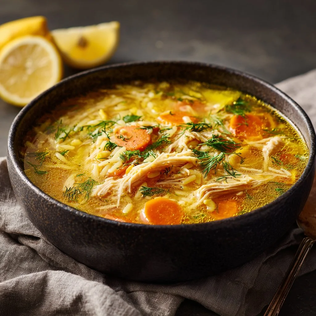 Bowl of Greek Lemon Chicken Soup garnished with herbs and lemon slices.