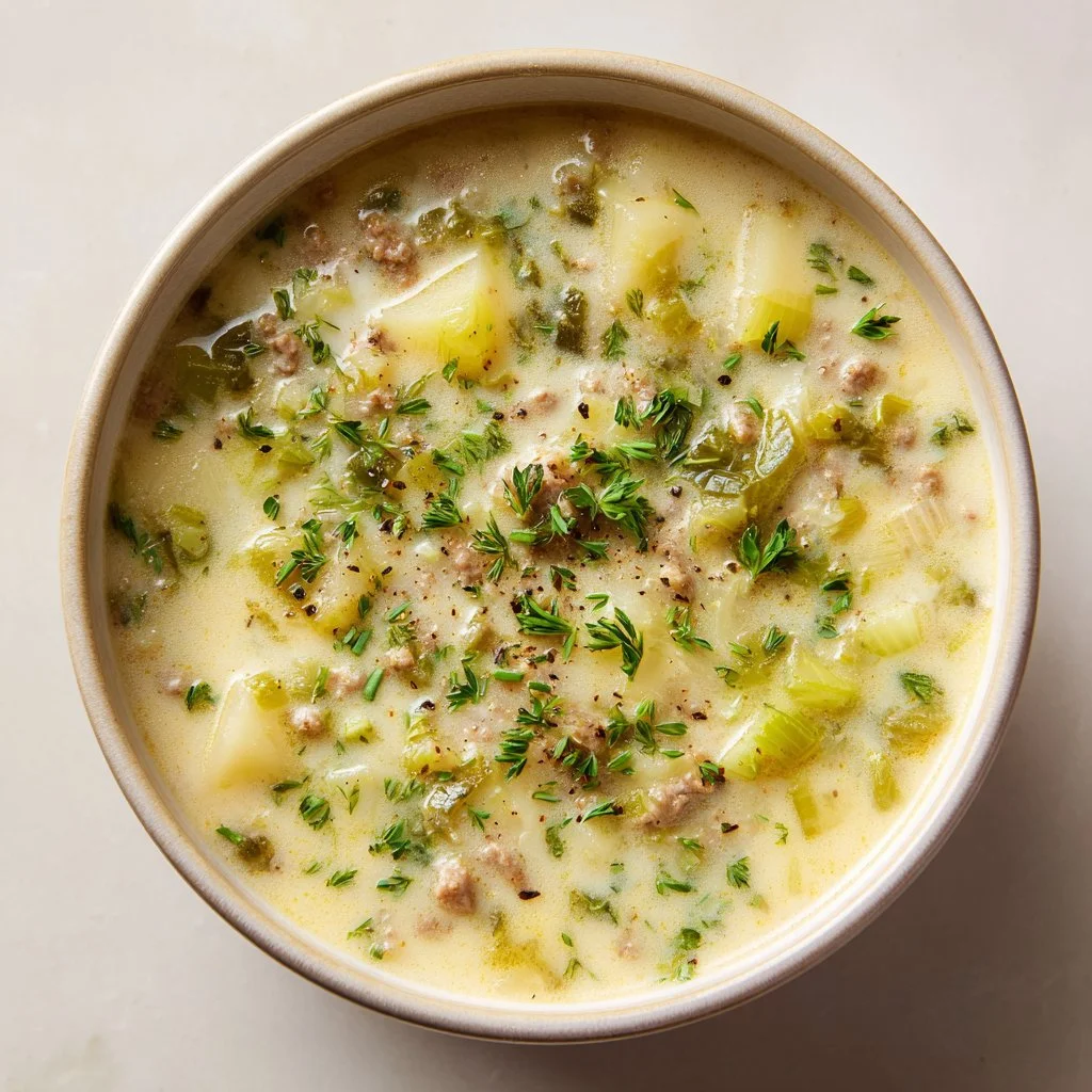Bowl of ground meat cheese leek soup topped with fresh herbs