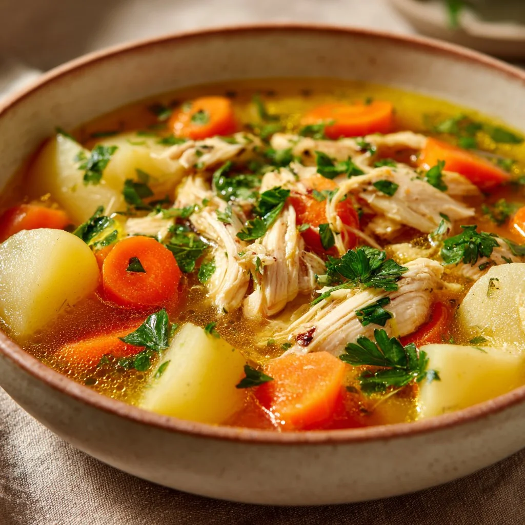 Bowl of steaming healing Spanish Chicken Soup with vegetables and spices