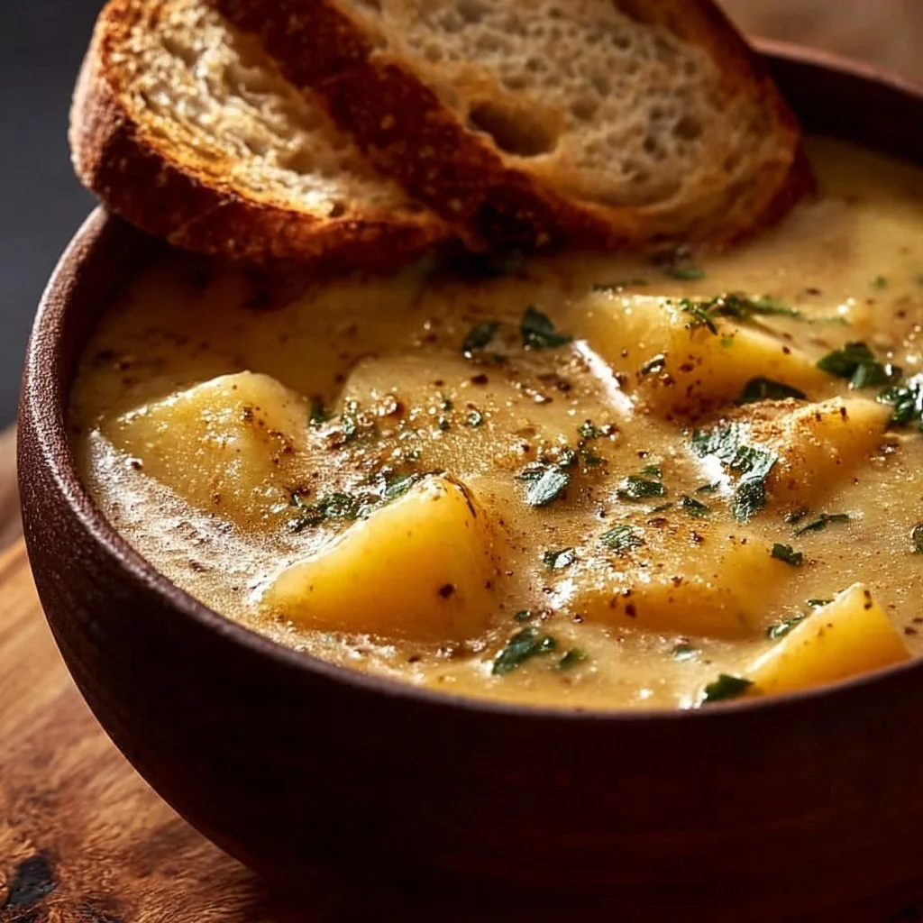 Bowl of hearty cheddar garlic herb potato soup garnished with herbs