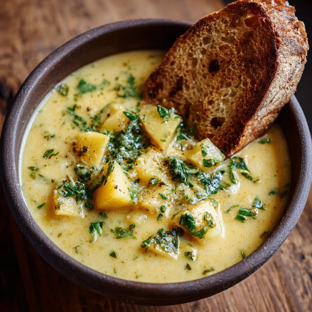 Hearty Cheddar Garlic Herb Potato Soup in a bowl with fresh herbs and garlic