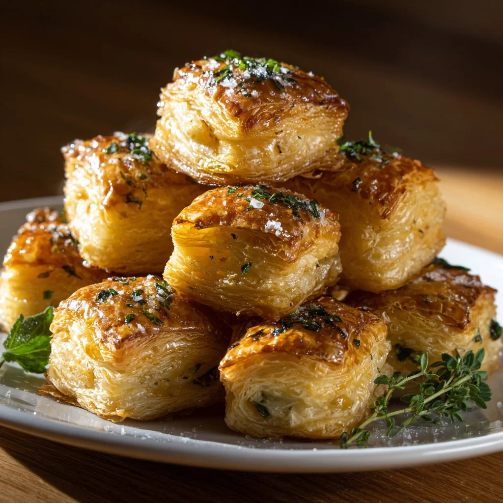 Herb and cheese stuffed puff pastry bites on a serving platter