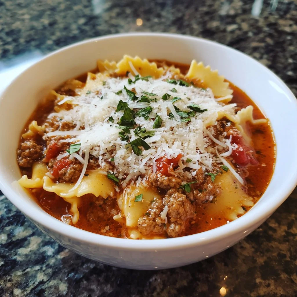 Bowl of high protein lasagna soup topped with cheese and herbs