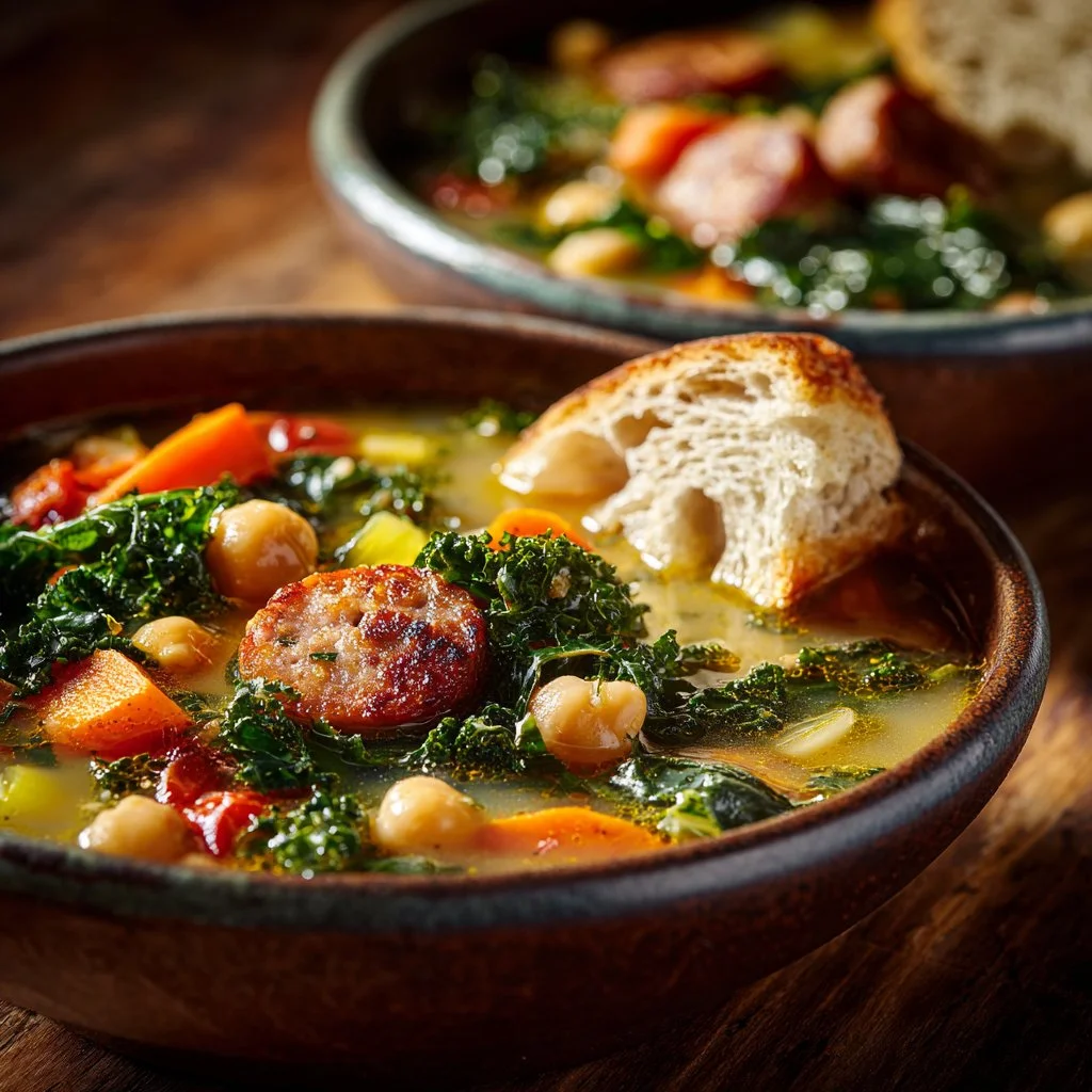 Bowl of high protein white bean soup garnished with herbs
