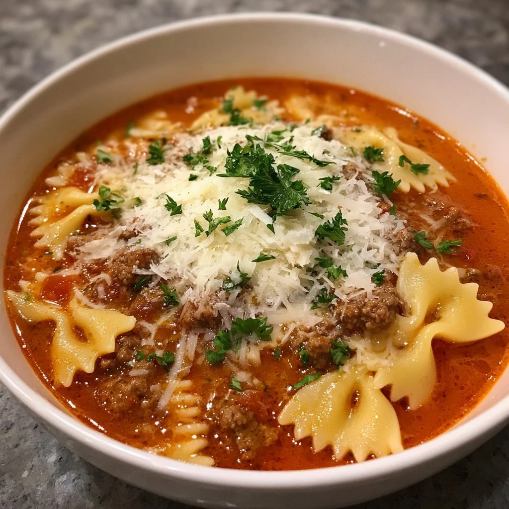 Bowl of homemade lasagna soup with bow tie pasta and herbs
