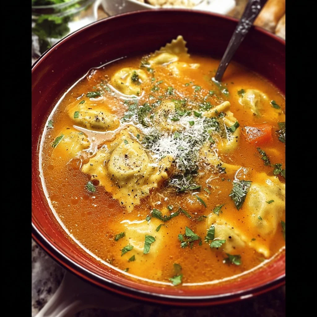 Bowl of homemade ravioli soup with fresh herbs and vegetables