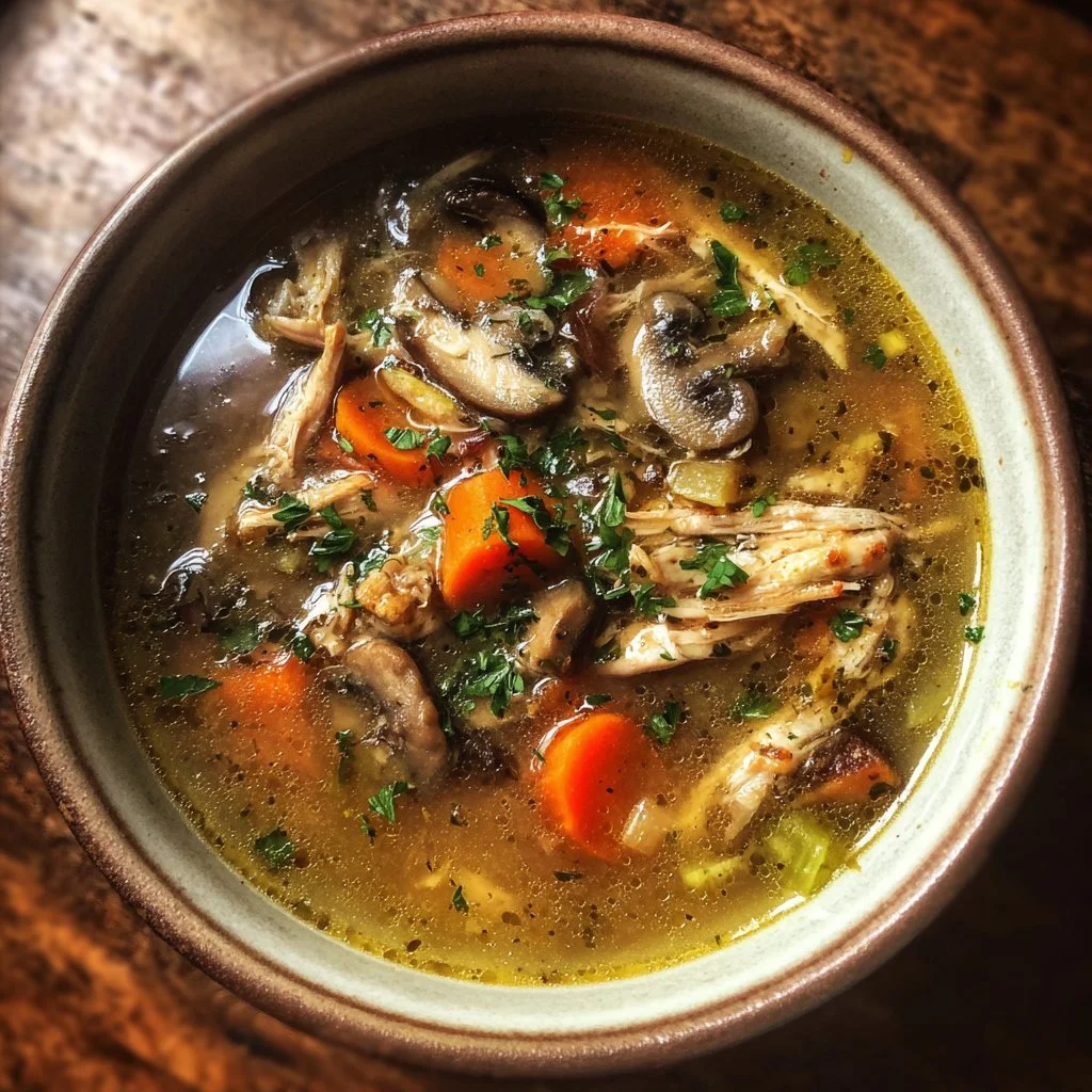 Bowl of homemade rotisserie chicken and mushroom soup garnished with herbs.