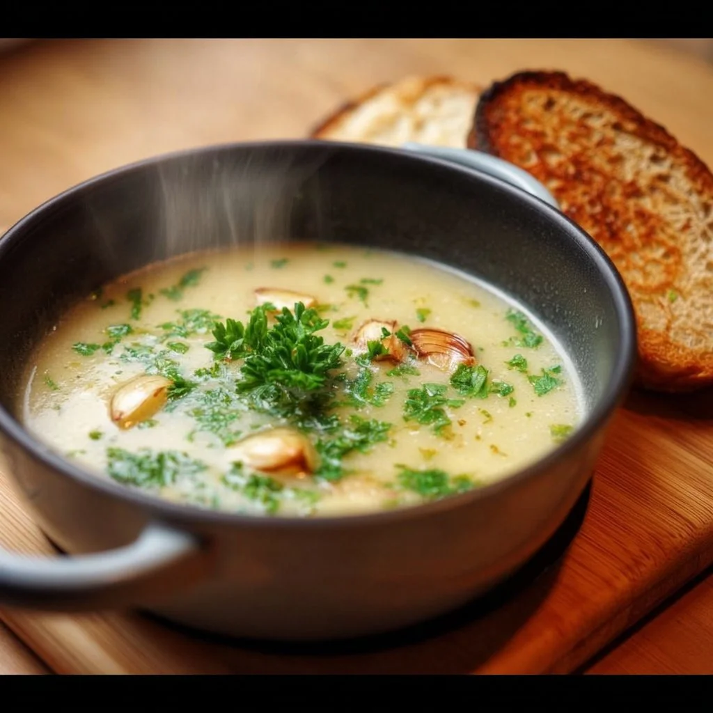 Bowl of immune-boosting garlic soup garnished with herbs and garlic cloves