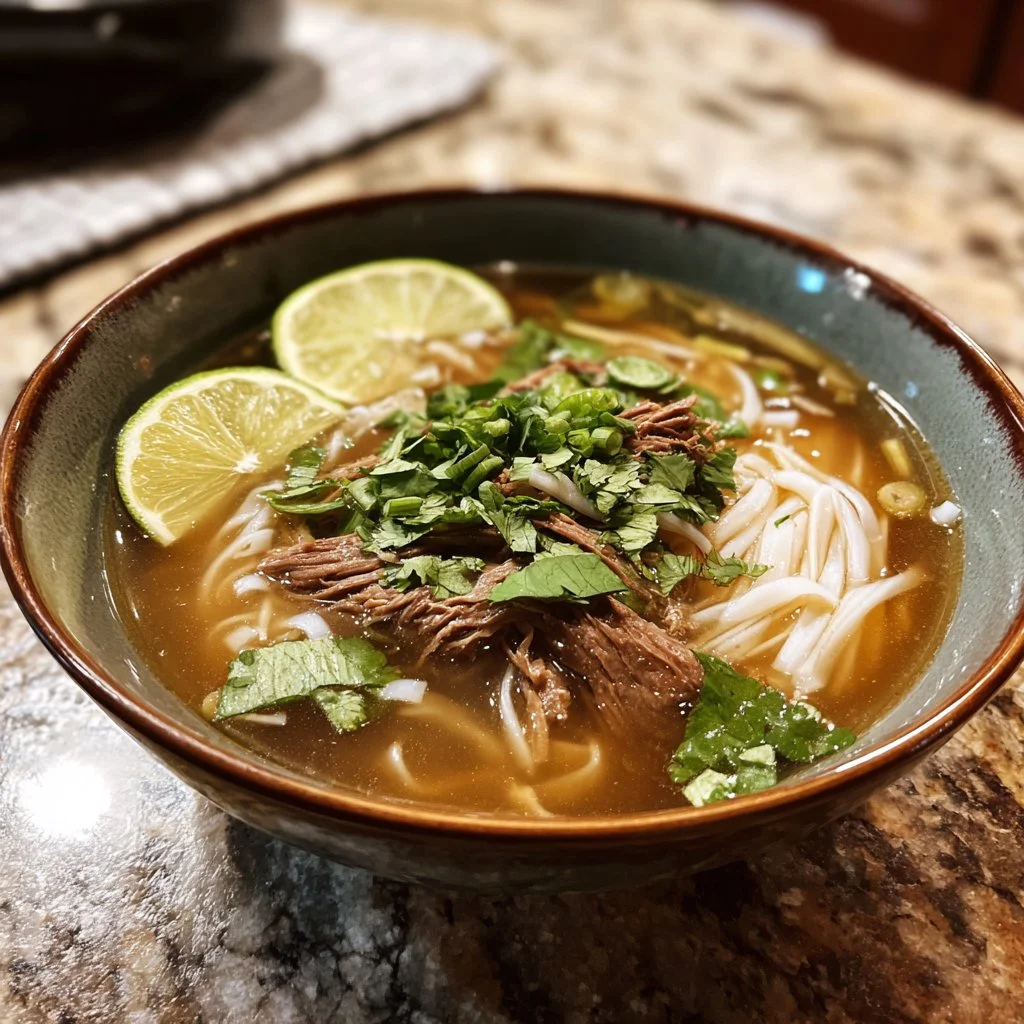 Bowl of Instant Pot Vietnamese Beef Noodle Soup topped with herbs and lime.