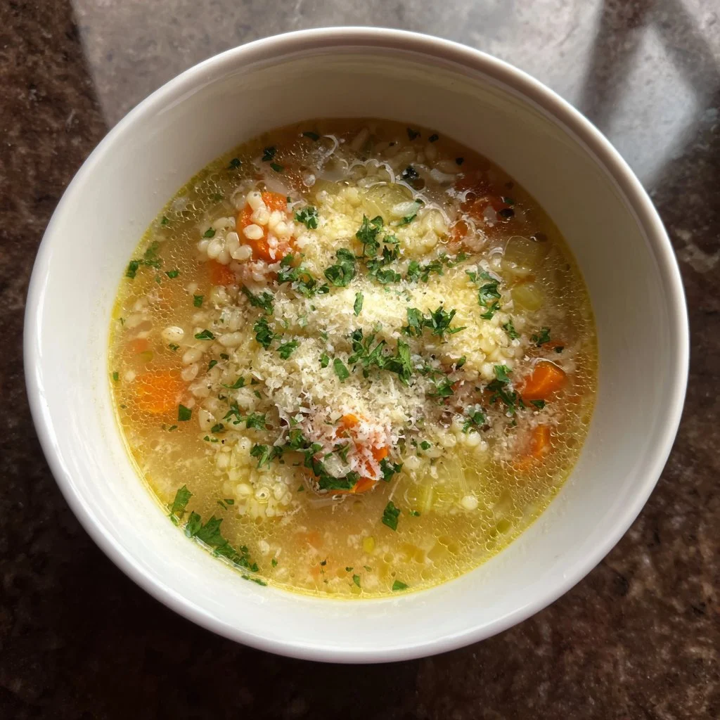A bowl of Italian Pastina Soup with tiny pasta and fresh herbs.