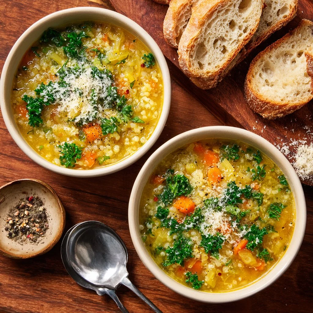 Bowl of Italian Penicillin Soup with fresh herbs and ingredients.