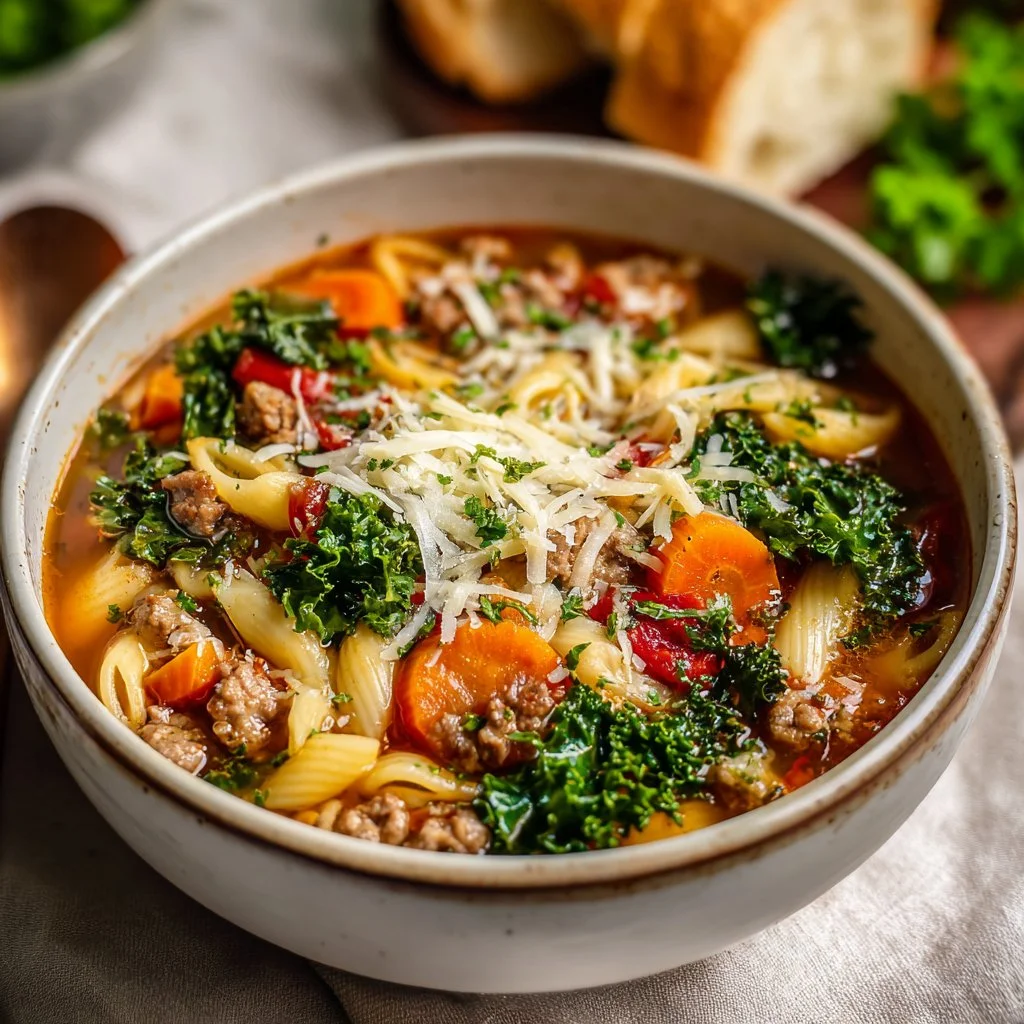 Bowl of Italian Sausage Pasta Soup garnished with fresh herbs