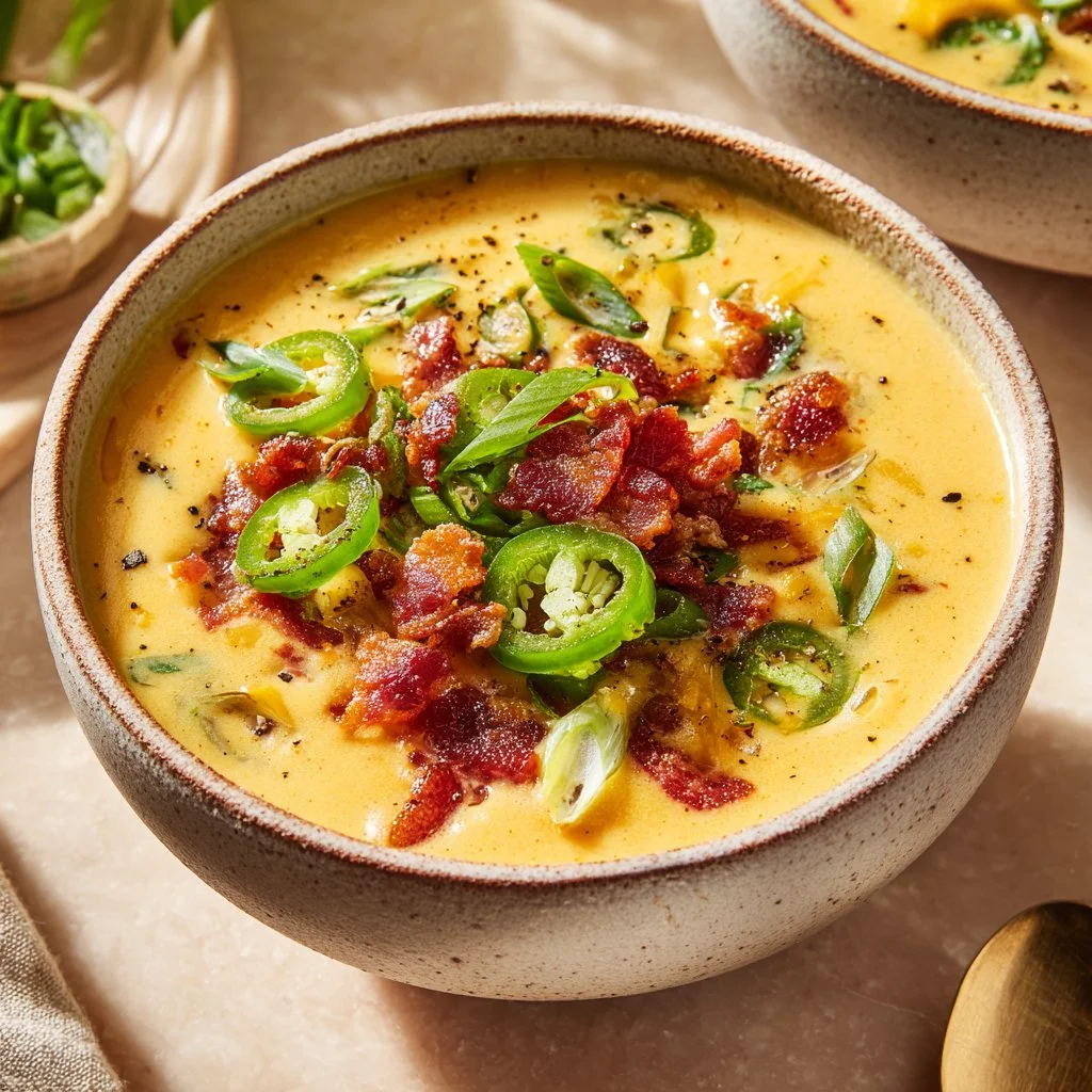 A bowl of creamy jalapeño popper soup garnished with jalapeño slices and cheese.