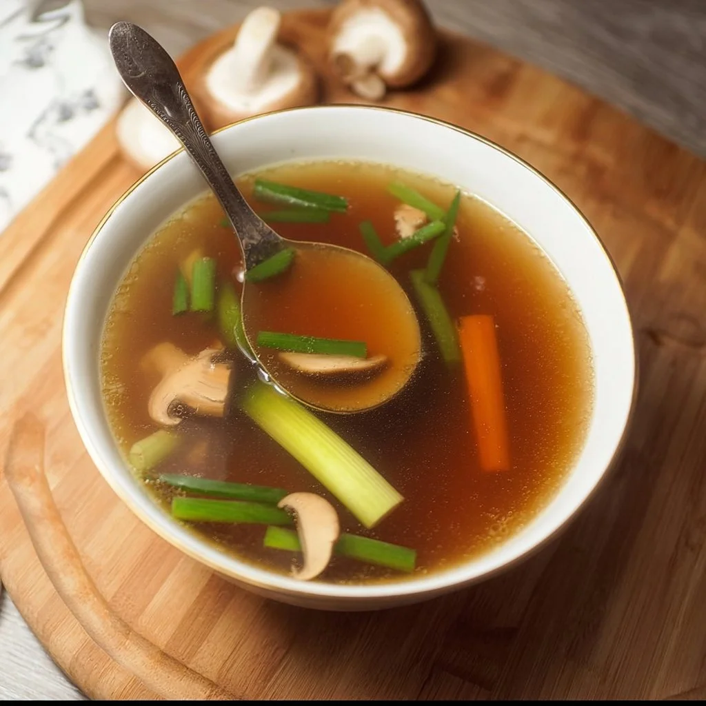 Bowl of Japanese clear soup garnished with green onions and tofu