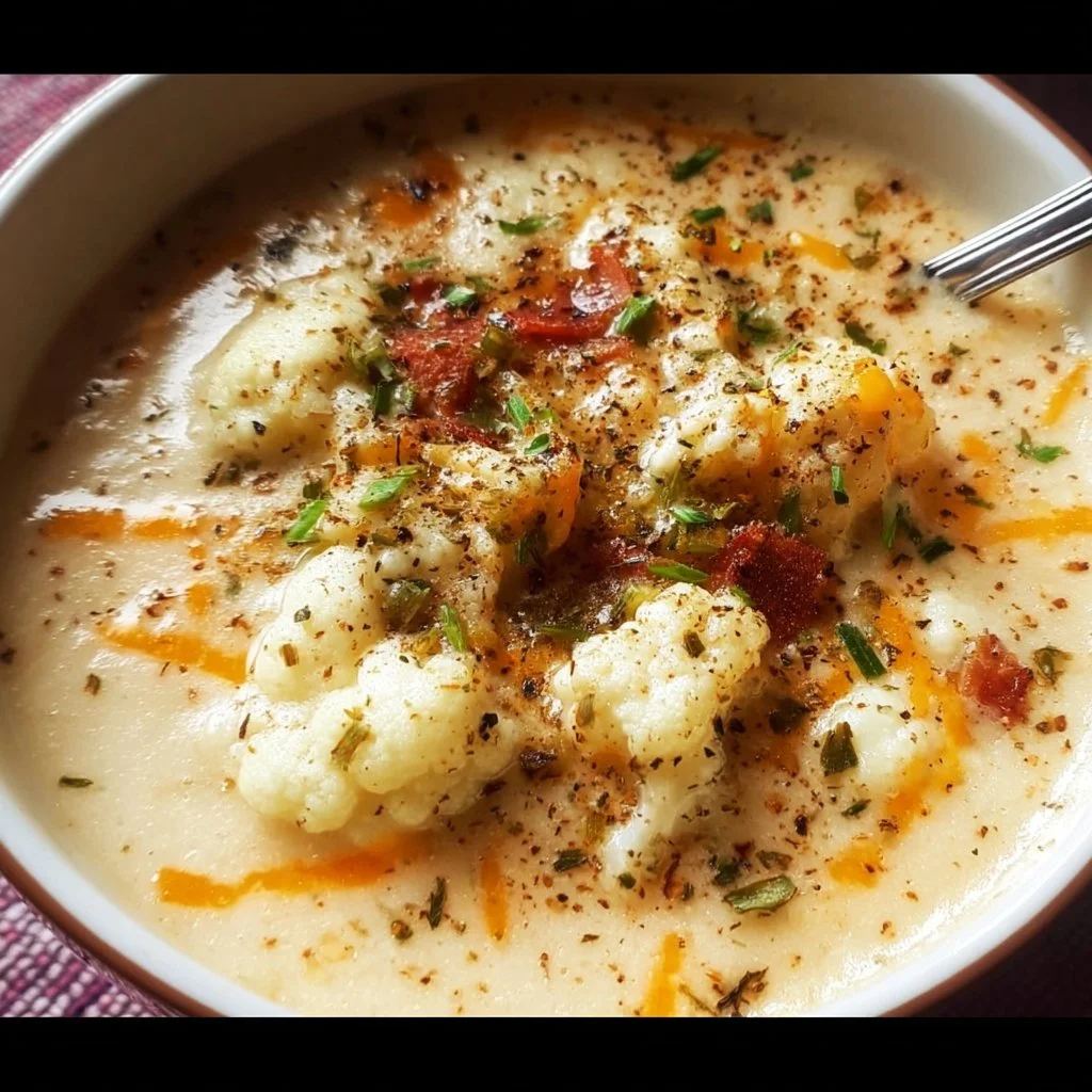 Bowl of delicious Keto Loaded Cauliflower Soup with toppings