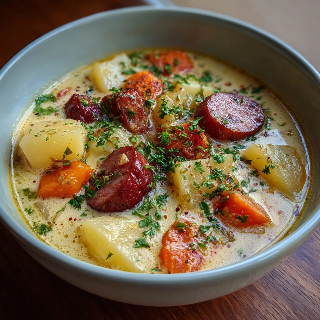 Delicious bowl of Kielbasa Potato Soup with sausage and potatoes