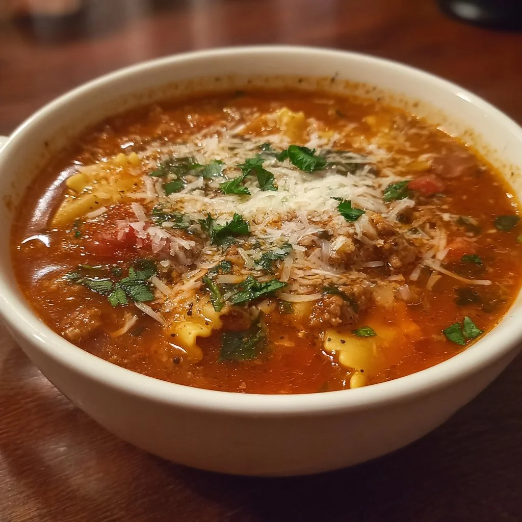 Bowl of hearty Lasagna Soup topped with cheese and herbs