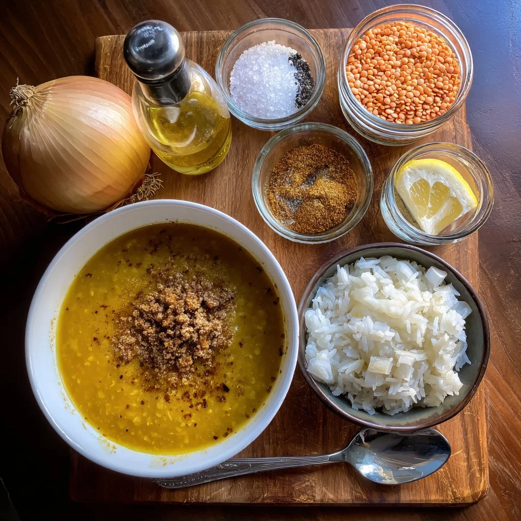 Bowl of Lebanese Lemon Lentil Soup garnished with fresh parsley and lemon wedges