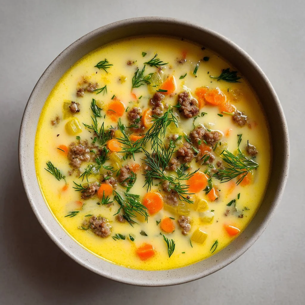 Bowl of leek soup with ground meat garnished with fresh herbs
