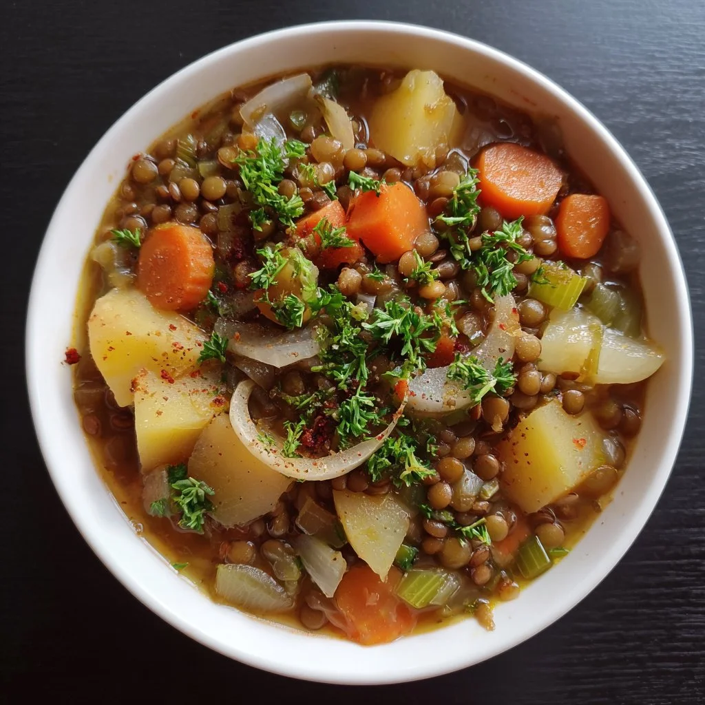 Delicious bowl of Lentil Potato Stew with vegetables and herbs