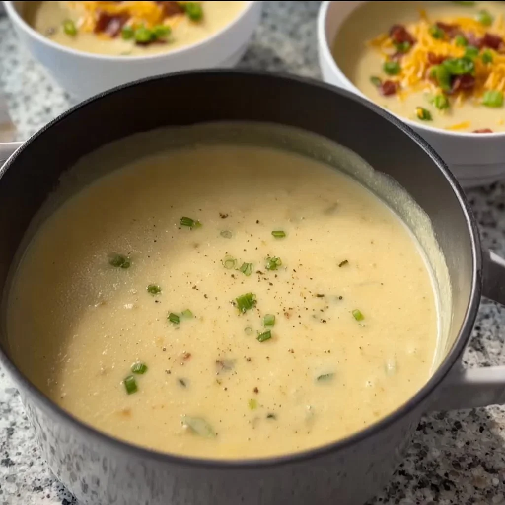Bowl of loaded baked potato soup topped with cheese, bacon, and green onions