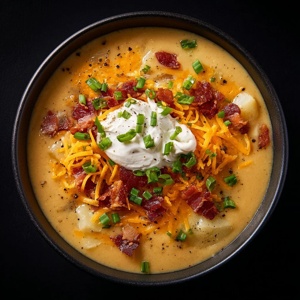 Bowl of creamy loaded baked potato soup topped with cheese and bacon